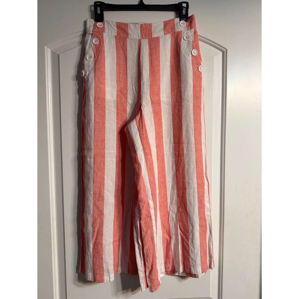 Cato Striped Wide Leg Pants Womens Small Coral White NEW Linen Blend Sailor Side